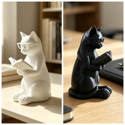 3D Printed Reading Cat Figurine with Glasses Book Lover Desktop Statue Modern Home Office Bookshelf Decor Gift Hot