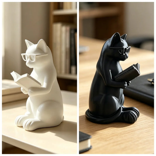 3D Printed Reading Cat Figurine with Glasses Book Lover Desktop Statue Modern Home Office Bookshelf Decor Gift Hot