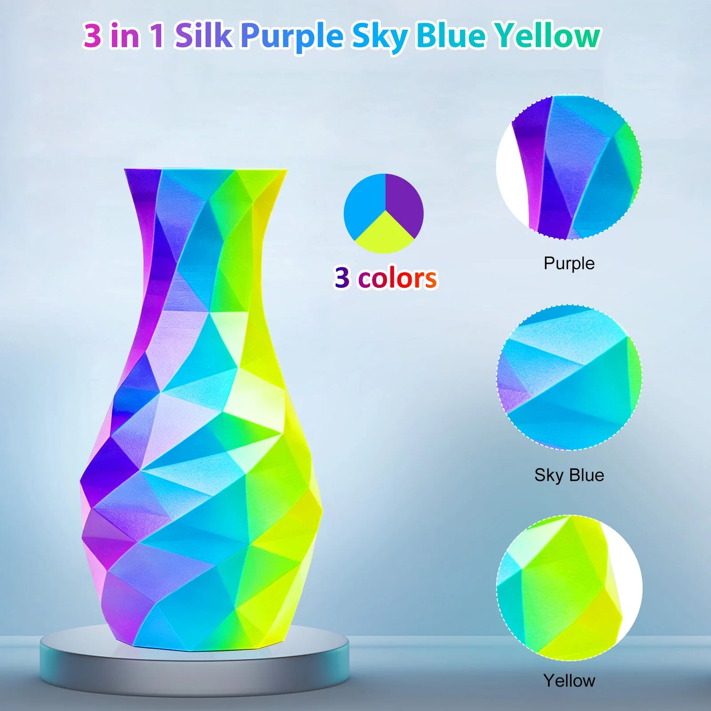 Tricolor Silk PLA 3D Printer Filament, 1.75mm Multicolor 3D Printing Filament, Purple&Sky Blue&Yellow Filament, 250g (0.55lbs)