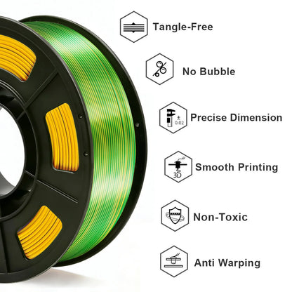 Silk PLA 3D Printer Filament, Shiny Yellow Green Dual Color  Filament 1.75mm,  3D Printing Filament for Most FDM 3D Printer 250g