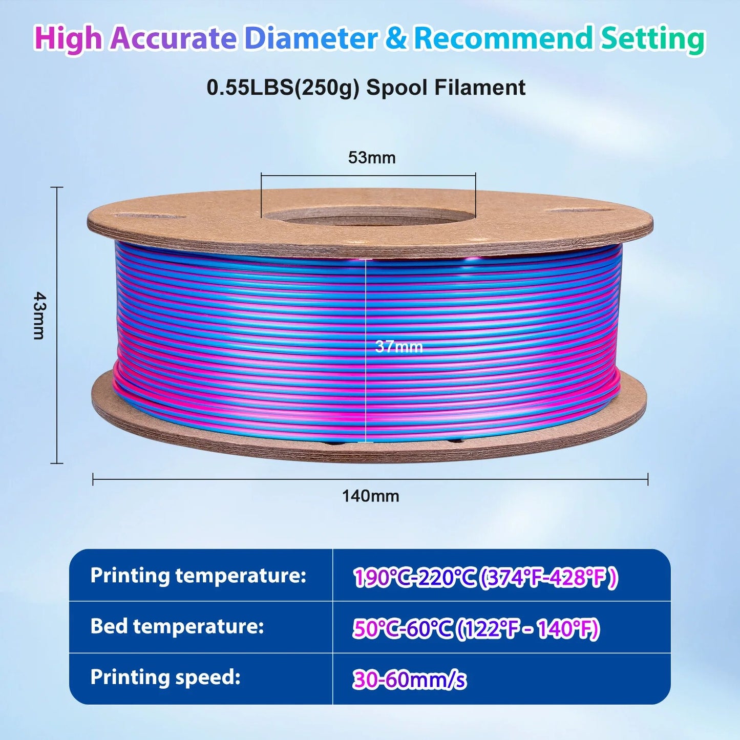 Silk PLA 3D Printer Filament 1.75mm Triple Color Silk PLA Filament 3D Printing Filament 250g 3 In1 Color Rose Red Sky Blue Green