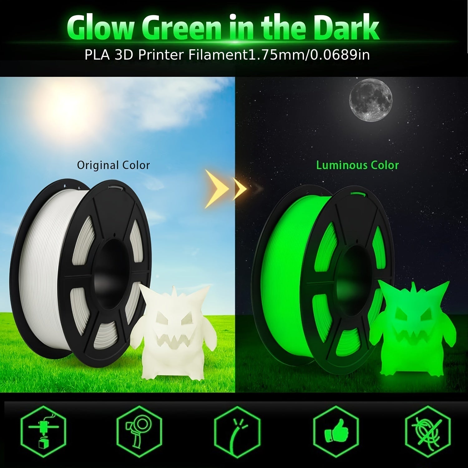 3D Printer Filament: Glow in the Dark 3D Printer Filament - 1.75mm PLA, 200g Spool