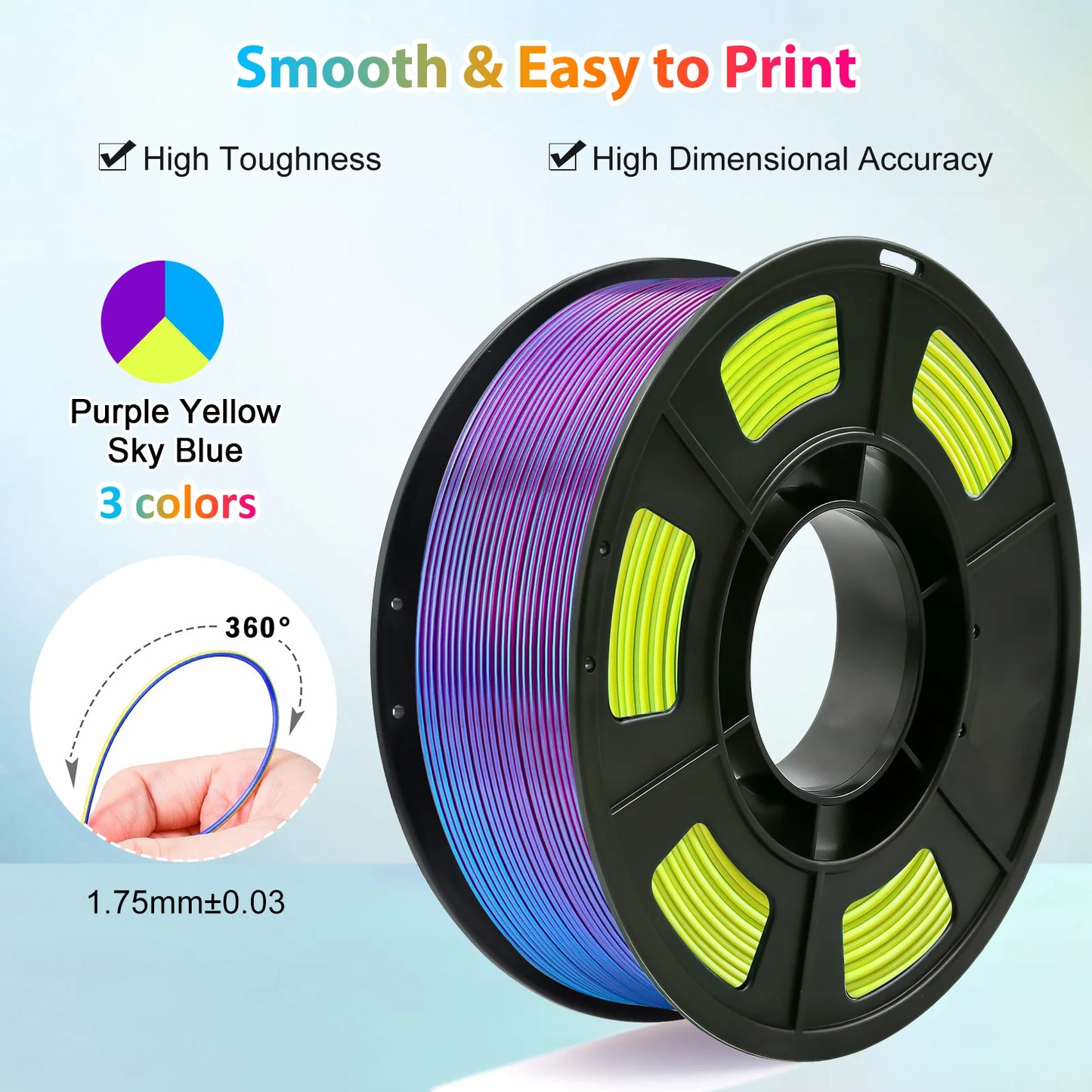 Tricolor Silk PLA 3D Printer Filament, 1.75mm Multicolor 3D Printing Filament, Purple&Sky Blue&Yellow Filament, 250g (0.55lbs)