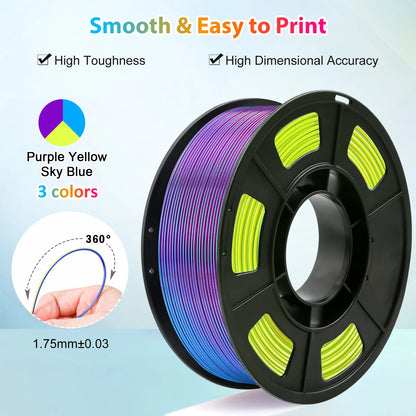 Tricolor Silk PLA 3D Printer Filament, 1.75mm Multicolor 3D Printing Filament, Purple&Sky Blue&Yellow Filament, 250g (0.55lbs)