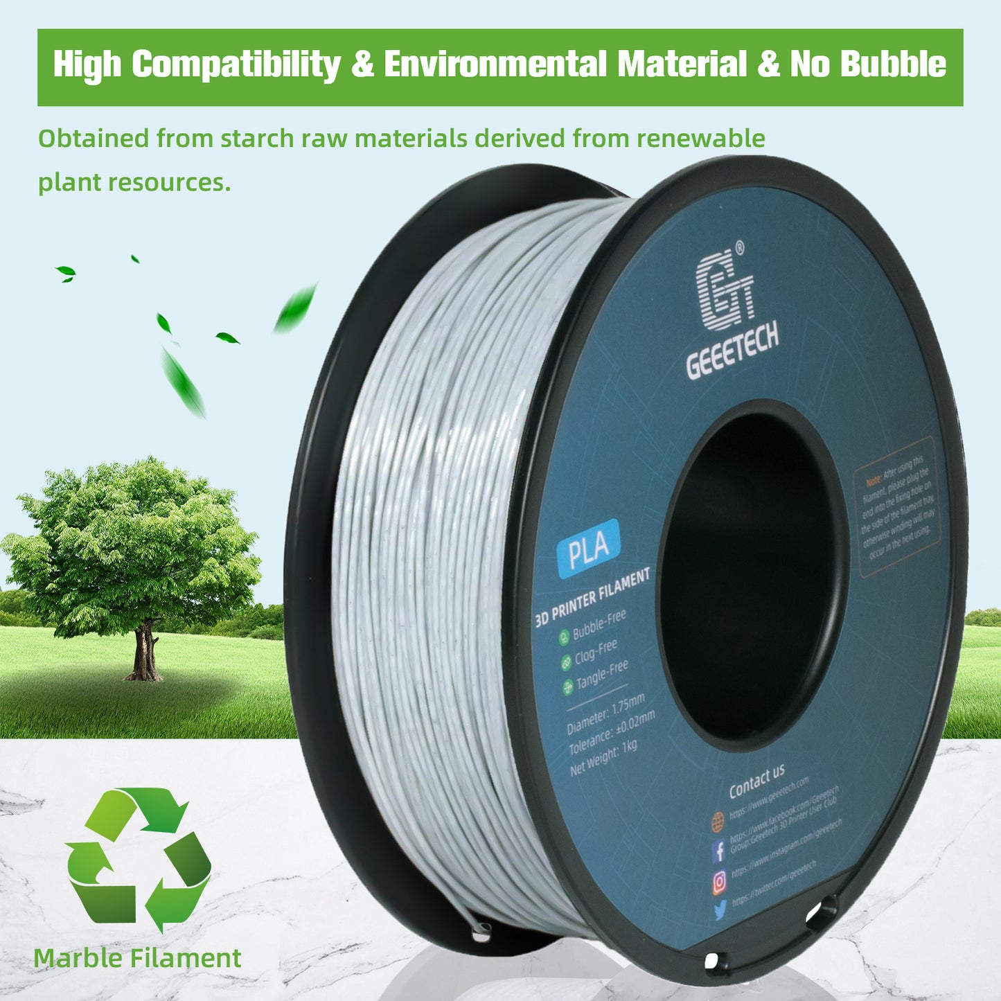 3D Printer Filament: Marble PLA 3D Printer Filament 1kg 1.75mm Tangle-Free