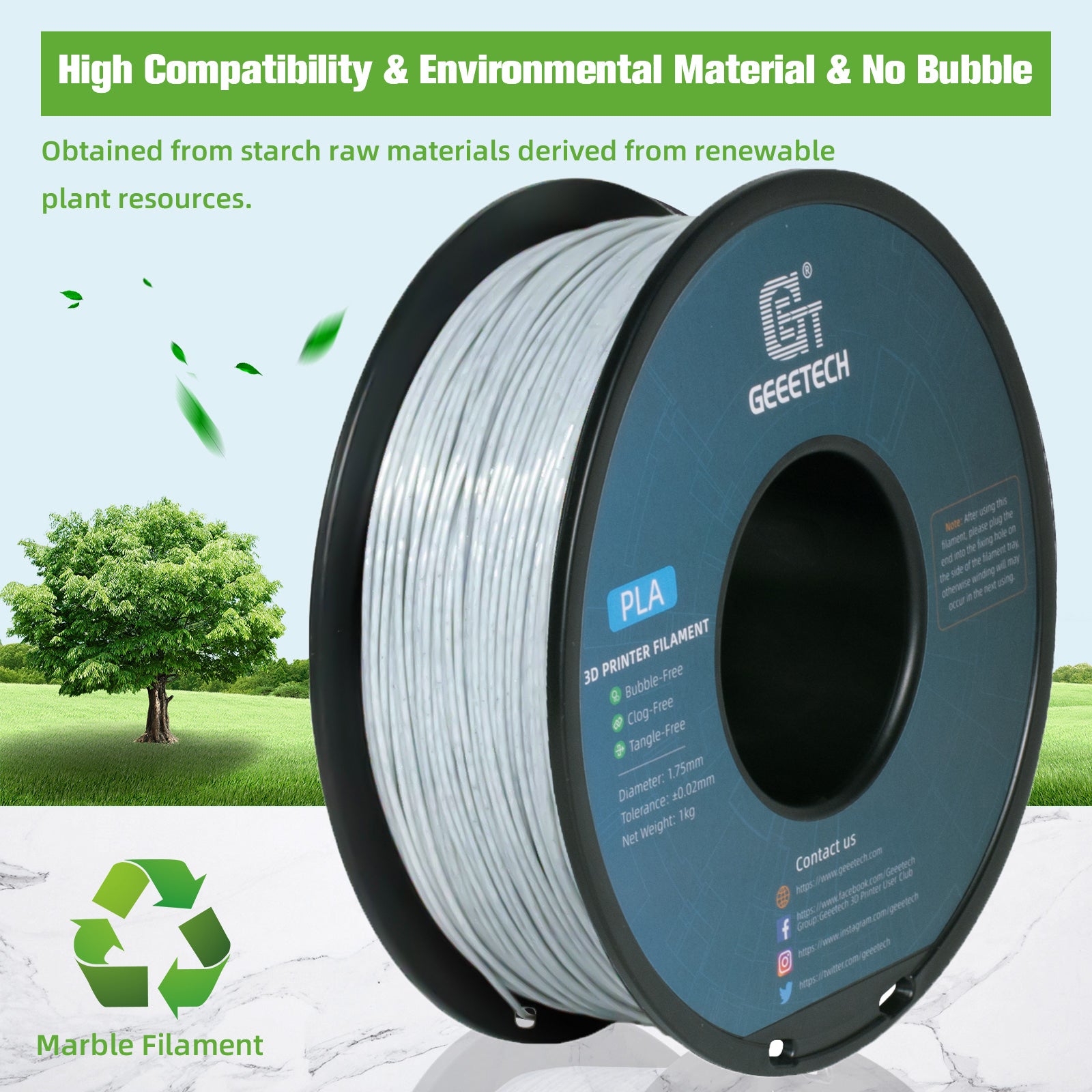 3D Printer Filament: Marble PLA 3D Printer Filament 1kg 1.75mm Tangle-Free