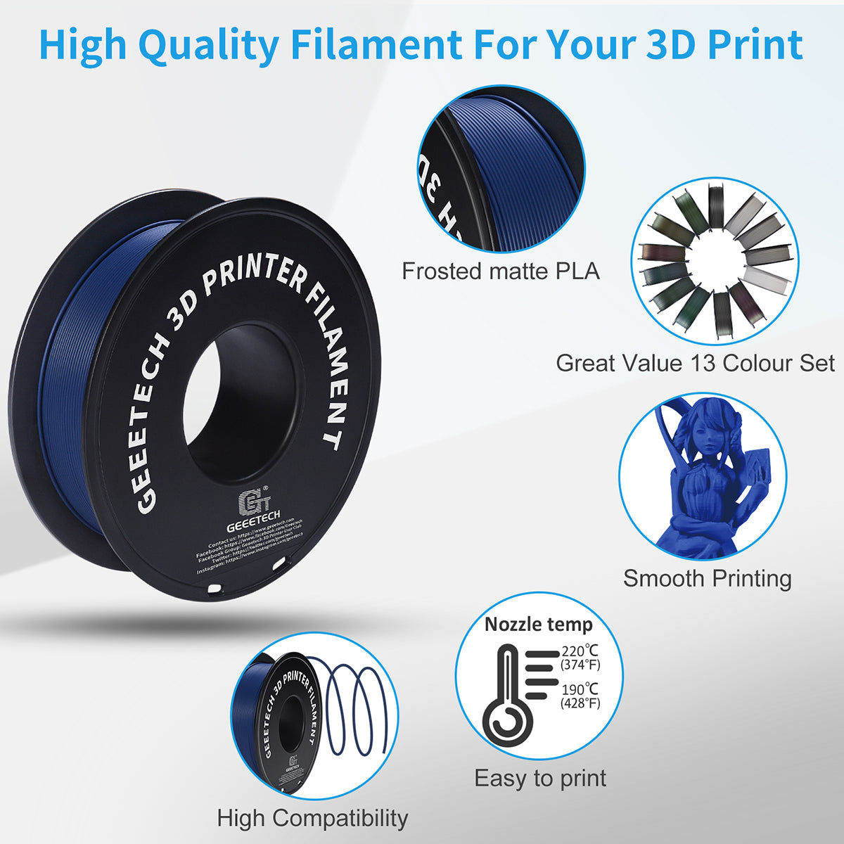 Matte PLA 3D Printer Filament 1.75mm 1kg - Fast Shipping