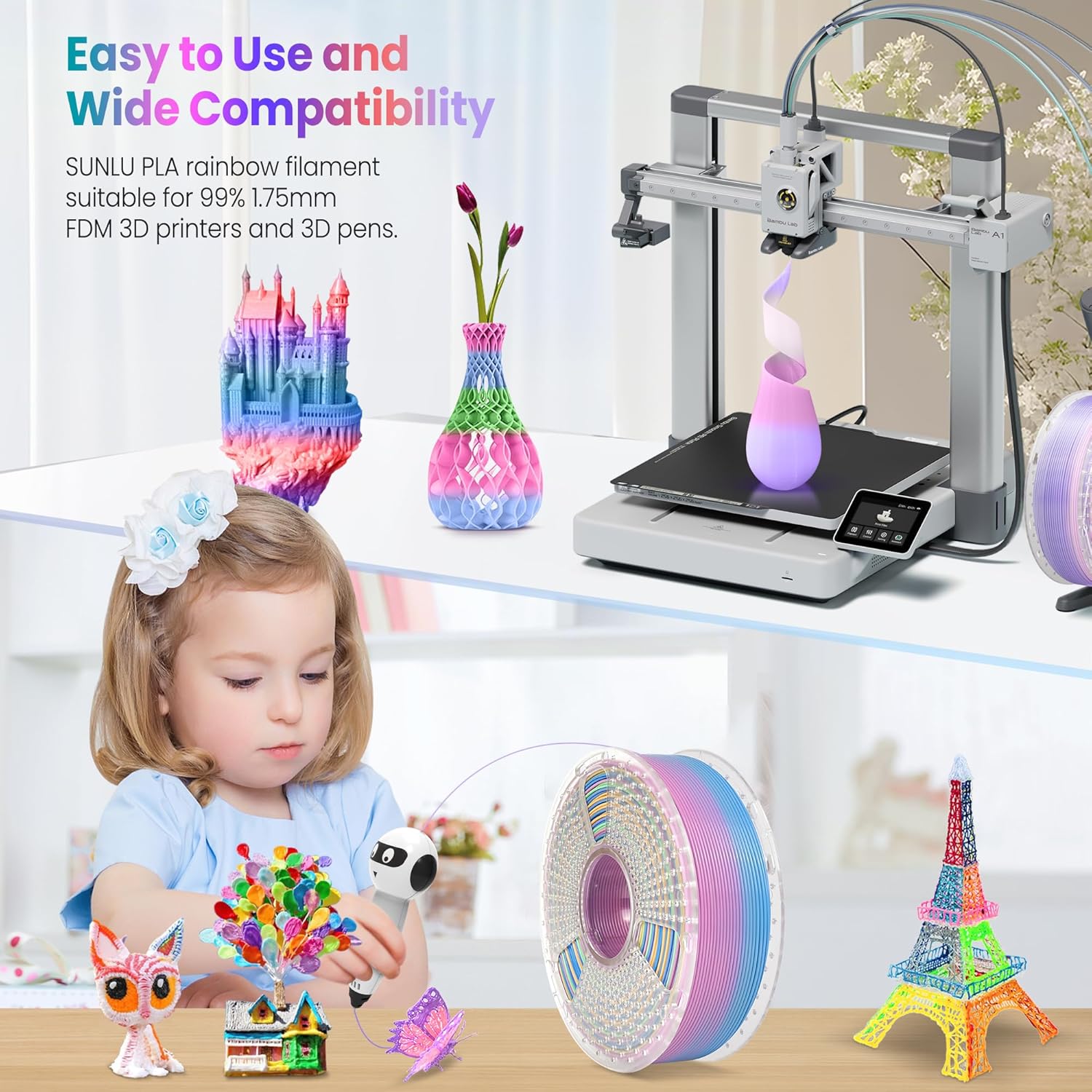 PLA Rainbow Filament 1.75mm 1KG - Vibrant 3D Printing Colors