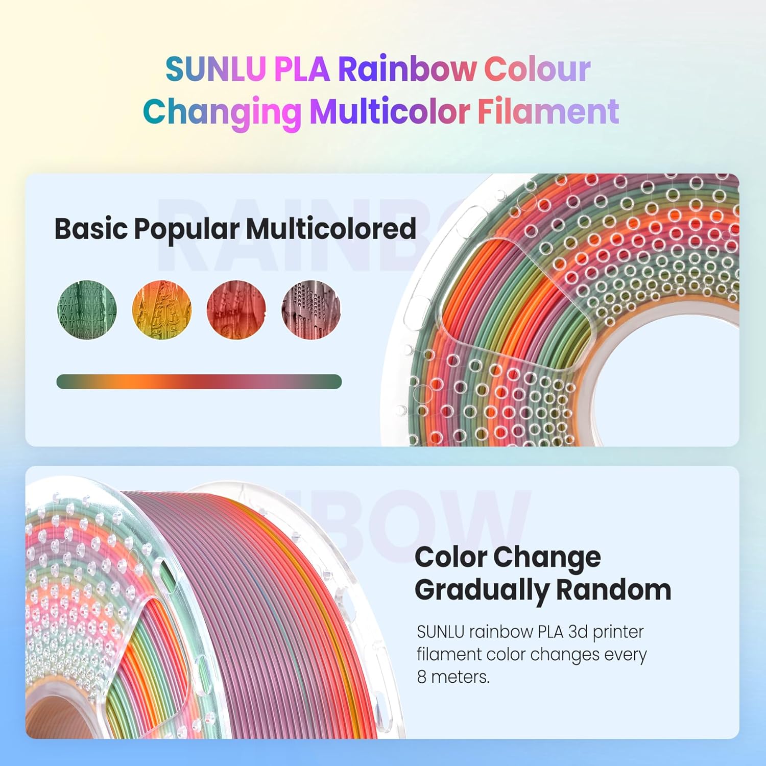 PLA Rainbow Filament 1.75mm 1KG - Vibrant 3D Printing Colors