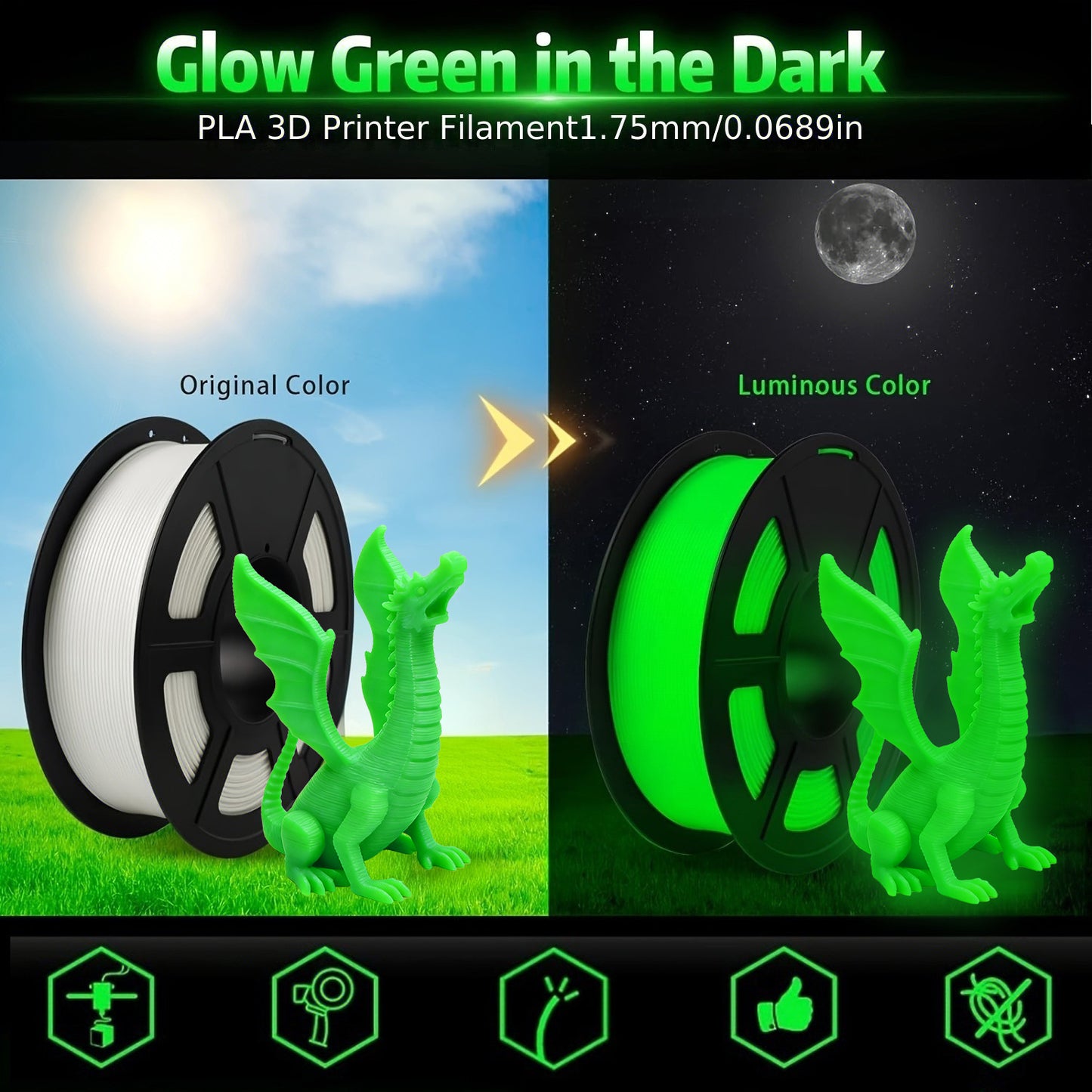 PLA Luminous 3D Printer Filament - Glow in the Dark, 200g