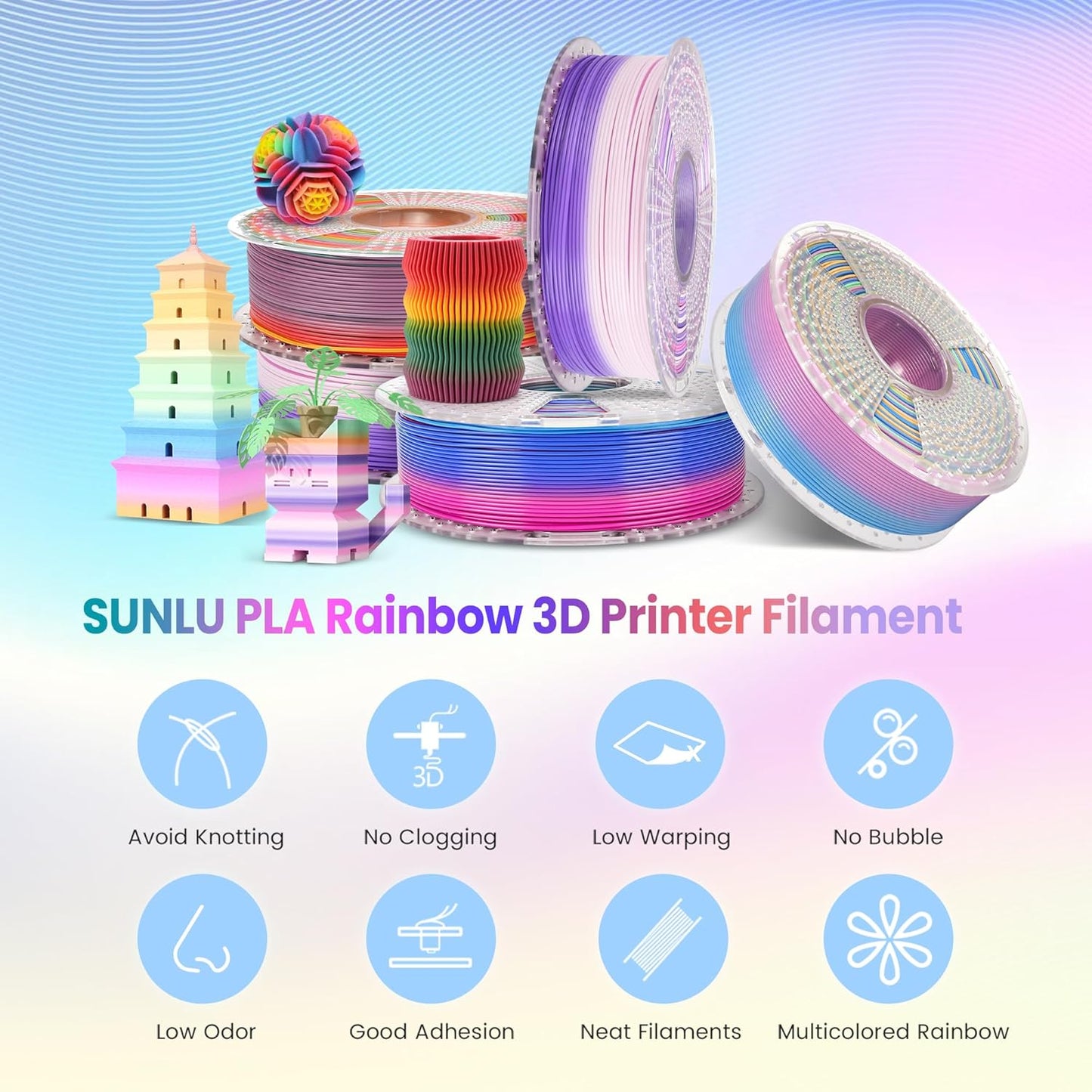 PLA Rainbow Filament 1.75mm 1KG - Vibrant 3D Printing Colors
